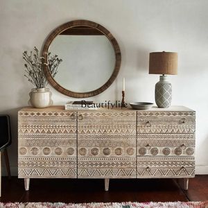 Mid-ANGIENT SOLID WOOD Sideboard Miji Retro Style Hall Offic Staching Cabinet