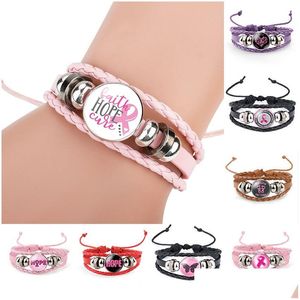 Charm armband bröstcancer medvetenhet rosa band för kvinnor som går botning läder wrap bangle mode tro hoppas tro smycken dhf1o