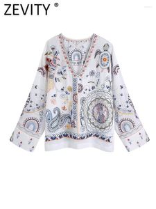 Blusas femininas zevity 2024 mulheres vintage Paisley Floral Bordado lateral lateral Blusa Smock Blusa feminina Pullover feminino Kimono Shirt Blusas Tops