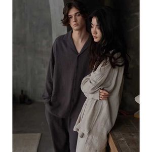 Women's Sleepwear 2024 New Couple Pajamas Long-sleeved Cotton Thin Loungewear Womens Simple and Loose Can be Worn Outside Casual Suits Q240528