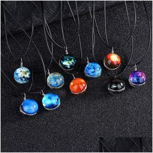 Pendant Necklaces New Outer Space Starry Dreamy Necklace Double Glass Ball Gemstone Wax Rope Leather Chains For Women Fashion Jewelry Dhg5C