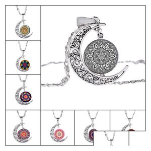 Pendant Necklaces Fashion Indian Mandala Flower Of Life Hollow Carved Crescent Moon Cabochons Glass Moonstone Necklace For Drop Delive Dhm0F