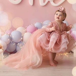 Flower Girl Dresses Cute Pink Glitter Sequined Shiny Puffy Organza With Bow Fit Wedding Party Princess Ball Ball Gowns L2405