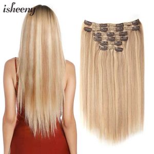 Hair Wefts Isheeny 140-240G Brazilian blonde hair machine Remy straight clip human hair extension 6 pieces/set 14-24 inch volume hair Q240529