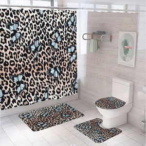 Duschgardiner Leopardgardin sätter vilda djurfjärilmodern modern tyg badrum icke-halkbadmatta mattan toalett täckning
