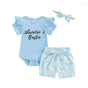 Set di abbigliamento nati abiti da bambina outfit estate manica corta lettera con cortoni floreali a costiera a costola 3 pcs set