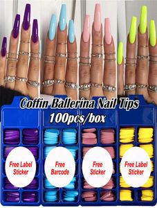 NAF009 100 st hel lång kista tryck på naglar godisfärg fullt omslag akryl nagel tips ballerina falska naglar tillbehör1620992