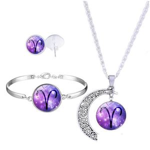 Pulseira, Brincos Colar Moda 12 Signo do Zodíaco Pingente Lua Pulseiras de Estudação Para Mulheres Cabochons de Vidro Horóscopo Constellatio Dho8y