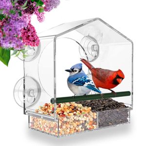 Acrylic Birdhouse Clear Glass Window Hanging Birds Squirrel Feeder Wild Animal Seed Peanut Tray with Drain Holes Strong Suction