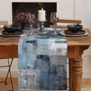 Abstrakt konst marinblå och grå linne bordslöpare tvättbar byrå halsduk bord löpare bondgård fest semester middag dekor