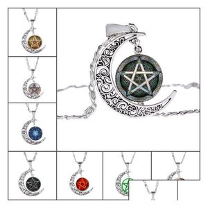 Pendant Necklaces New Five-Pointed Star Hollow Moon Cabochons Glass Moonstone Pentagram Necklace For Women Men Witchcraft Jewelry Drop Dhcfy