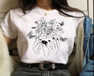 Линия рисунок женская футболка простые дизайнерские топы бабочки цветы печатные футболки Женская летняя футболка милые женщины tshirts3735741