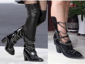 New Luxury Chain Cross Stretch Black Leather Thigh High Boots Block Heels Platform Runway Shoes Women Removable Shaft Ankle Long 8268367