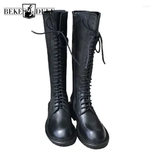 Boots Long Brand Ladies Knight Military Motorcycle Thigh High Women Lace Up Genuine Leather England Style Booties Shoes