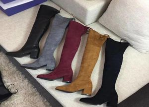 5050 Boot Loong Winet Knee High Heel Boots Autumnelastic Velvet أحزمة الكعب السميك 65 سم برميل رفيع رفيع الساقين مسطحة أنثى 5923024