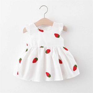 Vestidos de menina verão meninas vestido de morango bordado de cor sólida na manga voadora da joelho diariamente H240529 IDIR