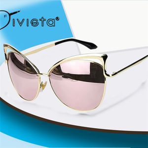 Vintage Cat Eye Women Hollow Out Solglasögon Brand Designer Pink Sun Glasses Metal Frame Mirror Lens Hot Eyewear