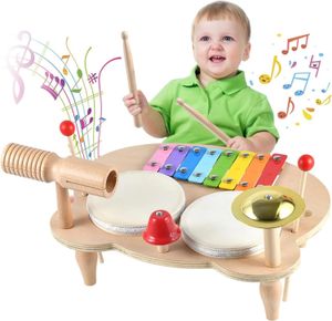 Kids Drum Set Baby Musical Instruments Toys Montessori Wooden Xylophone Preschool Music Kit Percussion Tambourine Toys Birthday 240529