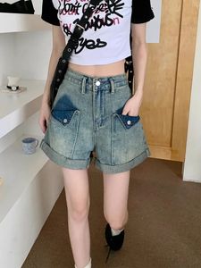 American Denim Shorts Womens Summer Slim Design Hög midja bantning och lös A-line raka benbrettbyxor 240529