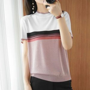 Summer Simplicity Retro Korean Style Loose T-Shirts For Women Office Lady Striped Sticking O Neck Short Sleeve Y2K Topps 240529