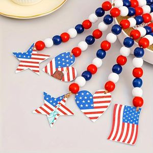 Decorative Figurines Independence Day Wood Beads Garland With Wooden Pendant Xmas Green Red Bead Tassel Rustic Farmhouse Decor