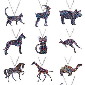 Pendant Necklaces Colorf Double Side Acrylic Printing Cat Dog Dragon Horse Camel Necklace For Women Costume Sweater Chain Handmade Ani Dhh2O