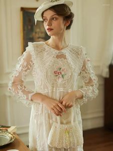Casual klänningar 86 cm byst vår sommar kvinnor fransk stil utsökt spets lös pärlor broderad mori kei flicka vit