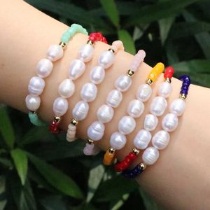 6Pcs Handmade elastic Multicolored Crystal Dainty Bracelet Freshwater Pearl bead bracelet Boho for woman Jewellery Gifts 240529