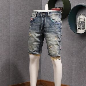 Men's Shorts American Vintage Casual Embroidery Denim For Men Summer Distressed Scratch Washed Micro Stretch Straight Half Jeans Y2k