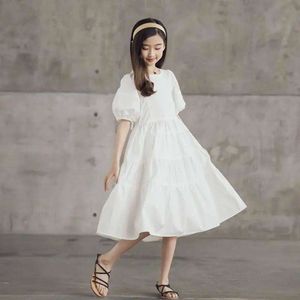 2023 Girls Summer white Dresses Solid Cotton Swing Dress Puff Sleeve Casual teenager Children Clothing Ruffles 8 9 10 11 12 year L2405