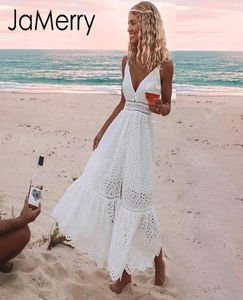Jamerry Boho broderi vit sexig spets kvinnor sommar maxi klänning spaghetti rem bomullsklänningar semesterfest långa vestidos 2019 y16723963