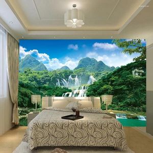 Bakgrundsbilder Anpassad alla storlekar Mural Wallpaper Landscape Pography Green Mountain Waterfall Living Room 3D Målning