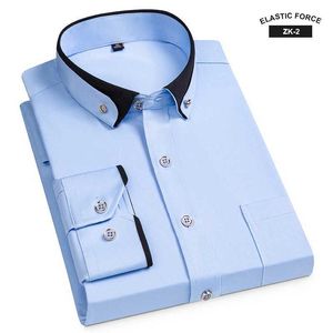 Camisas de vestido masculinas Novas moda elástica de primavera de manga longa de sleevada longa para homens jovens de cristal colar de retalhos de retalhos, não de algodão camisa de negócios homens q240528