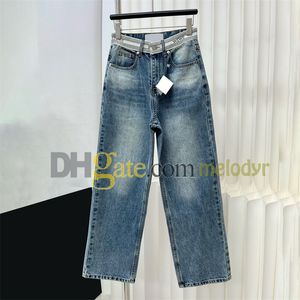 Designer Jeans Women Straight Pants Jean Letter Webbing Denim Trousers Retro Light Blue Long Jean Pants