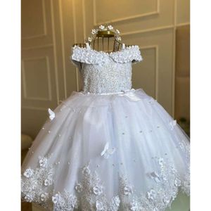 Beyaz İnciler Çiçek Kız Elbise Düğün için 3D Kelebek Kolu Yay Doğum Günü Partisi Çocuklar Noel Prenses Balo Elbise