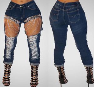 Highwaist Jeggings Chain Ripped Jeans For Women Kläder tvättade nagelborrspenna Kvinna Hög midja denim Kvinnor plus Size Designer7823560