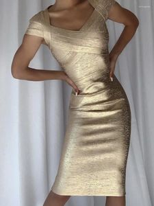 Party Dresses Gold Foil Women Short Sleeve Sexy V-Neck Midi 2024 Top Quality Bodycon Bandage Dress Celebrate Fashion Evening Outfit