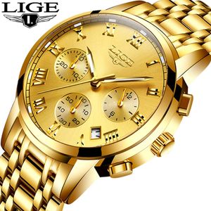 Lige Mens Watches Top Brand Luxury Fashion Quartz Gold Watch Men's Business rostfritt stål Vattentät klocka Relogio Masculino Y19 301U