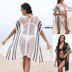 Swimsuit Cover Up Swim Wear Women Pareo Beach Sets para vestir Cardigan Color Patchwork Cirling Hollow Bikini Stripe poliéster Saida