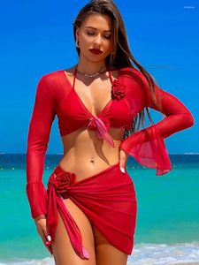 Kvinnors badkläder Sexigt nät 4 -stycken Bikinis Set Women Red Black Flare Lång ärm täcker med kjol baddräkt strandsemesterbaddräkt