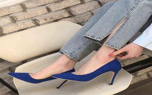 9 cm nytt mode grunt munflock pumpar sexiga höga klackar damer klär kvinnor blå skor9489598