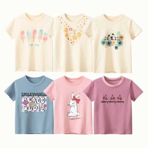 T-Shirts 2023 Kinder Mädchen Cartoon Short T-Shirts Kleidung 100% reines Baumwoll Kurzarm Rabbiner Blumendruck Kinder Casual Sport Top Tees D240529