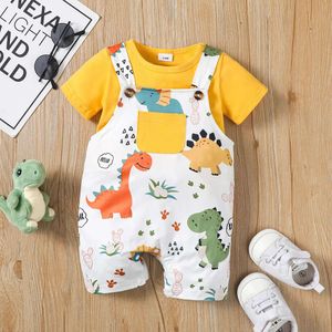 2pcs Baby Boy Short-sleeve Solid Tee Allover Dinosaur Print Overall Romper Set Soft and Comfortable L2405