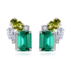Emerald gemstone stud earrings S925 silver shiny zircon earrings European temperament niche design jewelry 3489