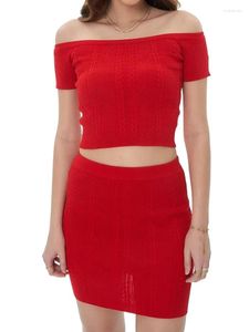 Work Dresses Summer Off Shoulder Criss-cross Knitted Tops And Skirts Matching Set Women Solid Color 2 Pcs Sets