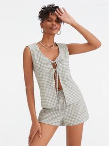 Women's Tracksuits 2 Piece Sets Women Plaid Shorts Sleeveless Tie-up Cardigan Vest And Elastic Waist 2024 Summer Casual Loungewear