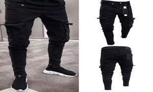 Masowe czarne dżinsowe men dżinsowe dżinsy motocyklowe zniszczone strzępione Slim Fit Pocket Cargo Pencil Pants plus rozmiar S3XL9826736