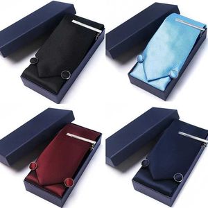 Neck Ties Solid color mens neckline gift box tie pocket square cufflinks and tie clip set used for parties and weddings navy blue black white Corbatas set Q240528