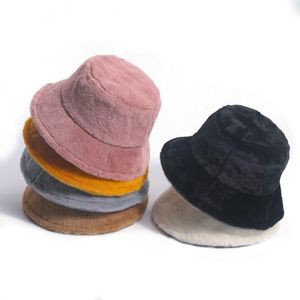 Wide Brim Hats Winter Outdoor Vacation Lady Panama Black Solid Thickened Soft Warm Fishing Cap Faux Fur Bucket Hat For Women 317p