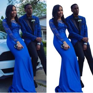 2024 Royal Blue Plus Size Prom Dresses Jewel Neck Illusion Lace Crystal Beaded Mermaid Satin Evening Formal Party Bridesmaid Gowns Dress Long Sleeves